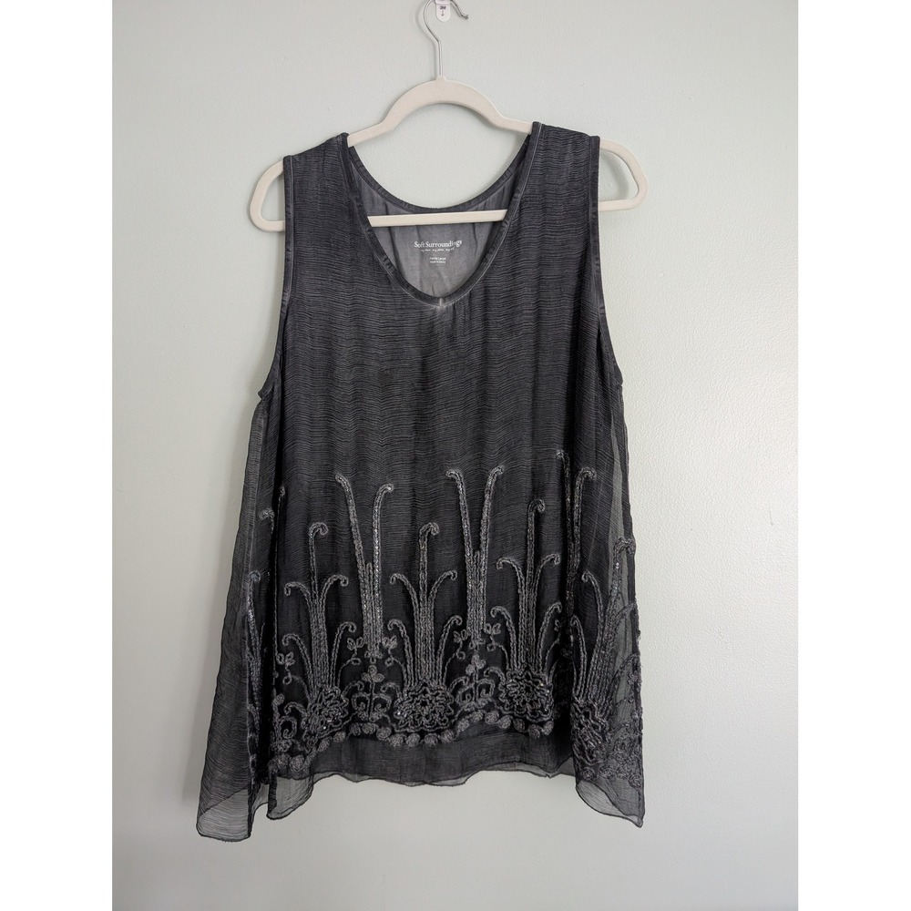 Soft Surroundings Sophia Tank Top Women Petite L Grey Silk Embroidered Boho